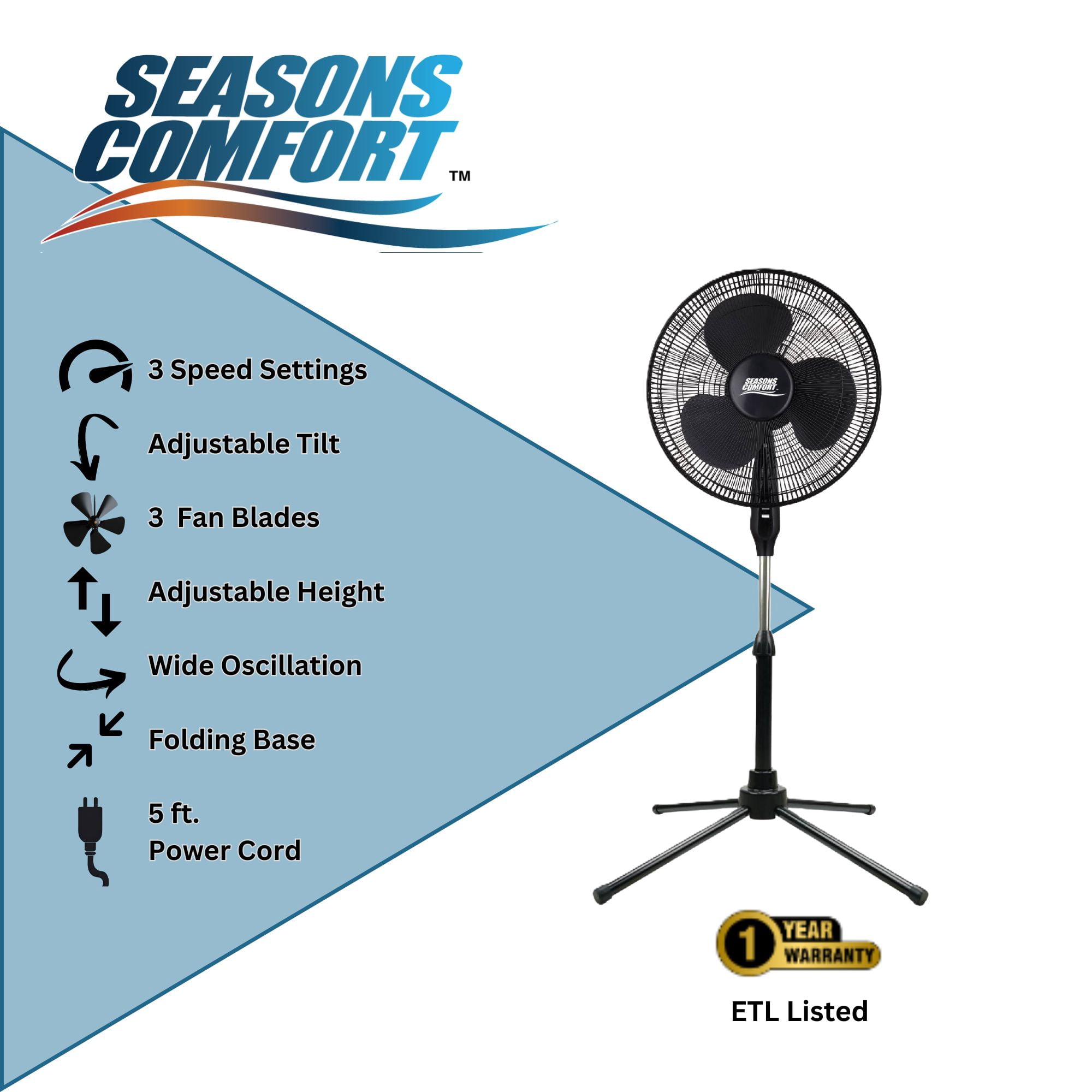 Seasons Comfort 18 Inch Oscillating Pedestal Fan, 3 Speeds, Adj Height - FPD18B