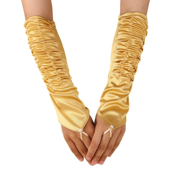 Daznico Elegant Satin Opera Long Stretch Elbow Length Formal Evening Party Mitten with Finger Slit and Ruffle Design,Mardi Gras Clothing,One Size