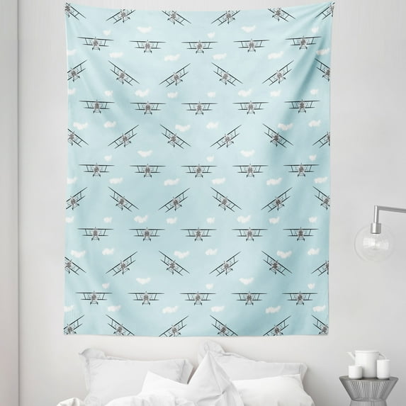 Airplane Tapestry, Old Aircraft Biplanes in Blue Sky Speedy Propellers Wings Retro Design, Fabric Wall Hanging Decor for Bedroom Living Room Dorm, 5 Sizes, Pale Blue Black White, by Ambesonne