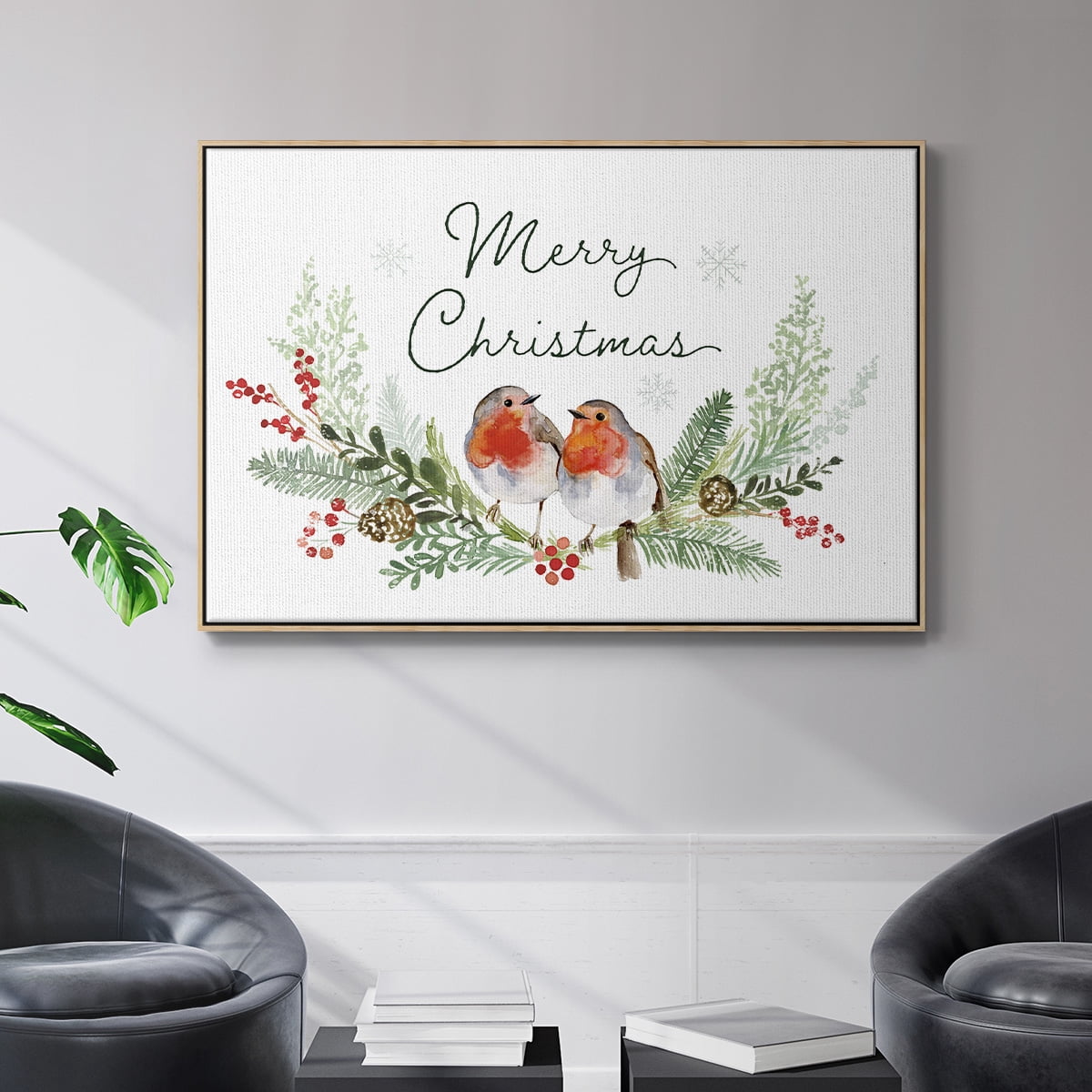Winter Visitor Collection A - Framed Gallery Wrapped Holiday Canvas - 27 x 41 - Natural Wood Frame