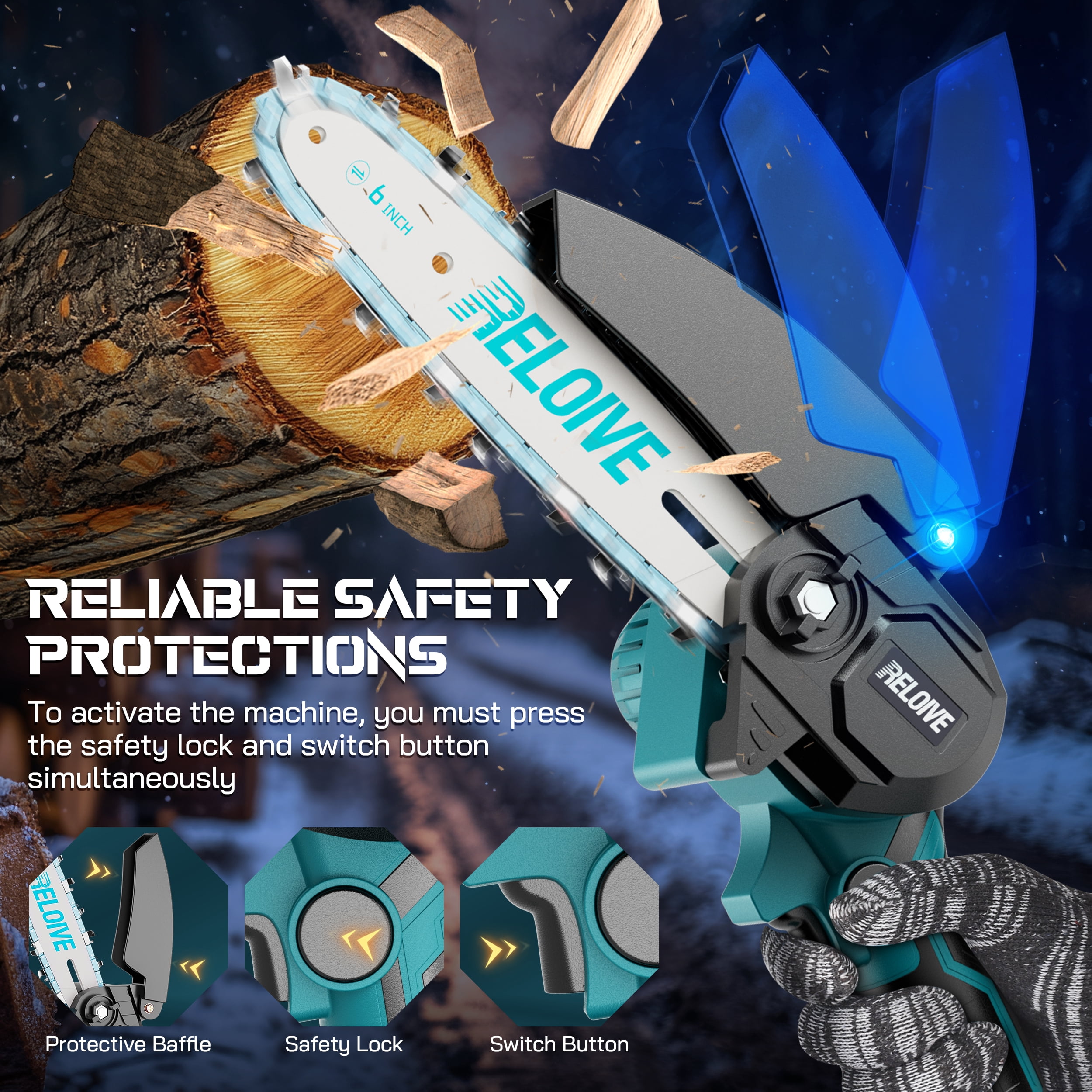 RELOIVE 6 in Mini Chainsaw with 2PCS 2.0 Ah Batteries 3 Chains,Cordless Small Handheld Chain Saw for Wood Cutting Tree Trimming