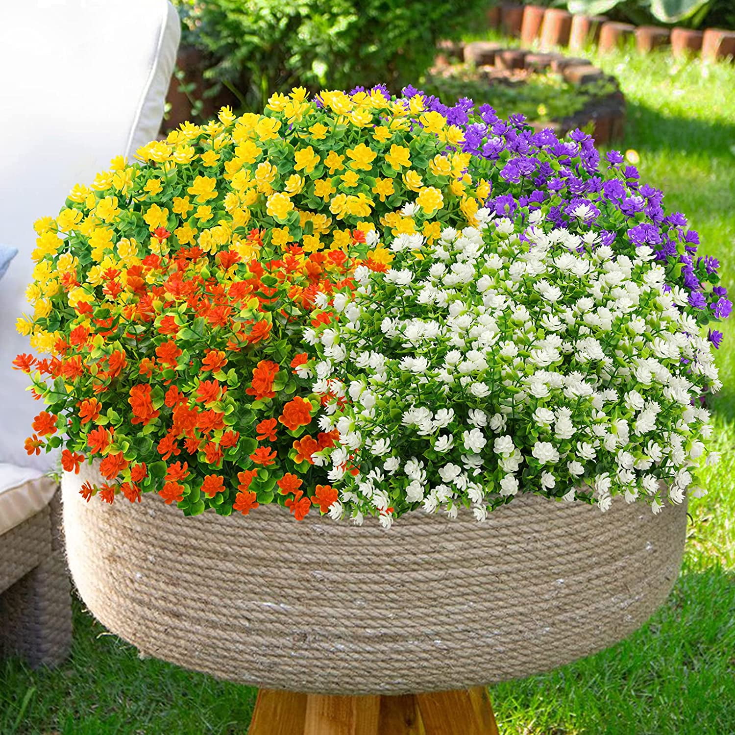Artificial Flowers Outdoor Fake Flowers for Decoration UV Resistant No Fade Faux Plastic Plants Garden Porch Window Box Décor (6 Bundles, 4#White)
