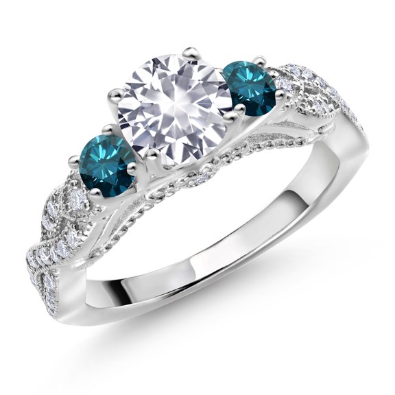 Gem Stone King 925 Sterling Silver White Created Sapphire Blue Diamond and White Moissanite Engagement Ring for Women (1.47 Cttw, Gemstone September Birthstone, Round 6MM and 3MM, Size 9)