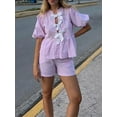 thumbnail image 4 of Aojekbee Women Shorts Set, Striped Short Sleeve Tie-up Shirt with Elastic Waist Shorts Summer Outfit, 4 of 7