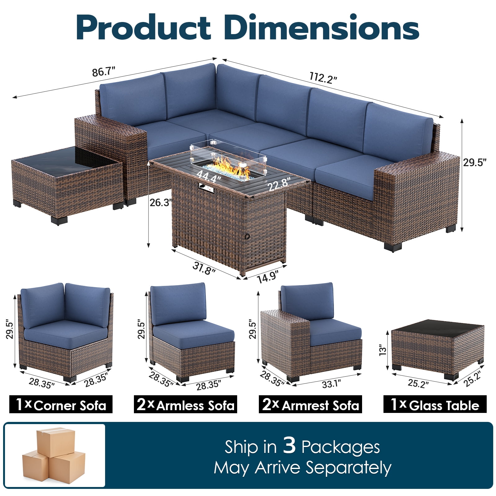 ELPOSUN Outdoor Sectional Furniture Set with Fire Pit Table, 7-Piece Brown Rattan Wicker Conversation Sofa Set for Porch Garden Backyard Balcony,Blue