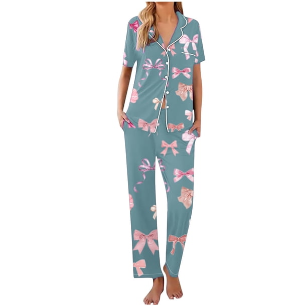 Sexy Pijama Conjunto para las Mujeres Impreso Bolsillo Pantalones de Manga Corta, Traje Suelto Casual para el Hogar Y el Salón