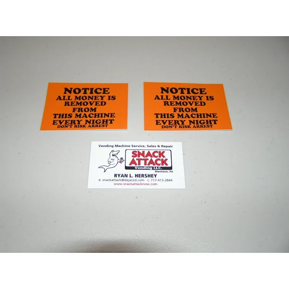 (2) Snack Or Soda Vending Machine Decals "Notice All Money Is Removed"