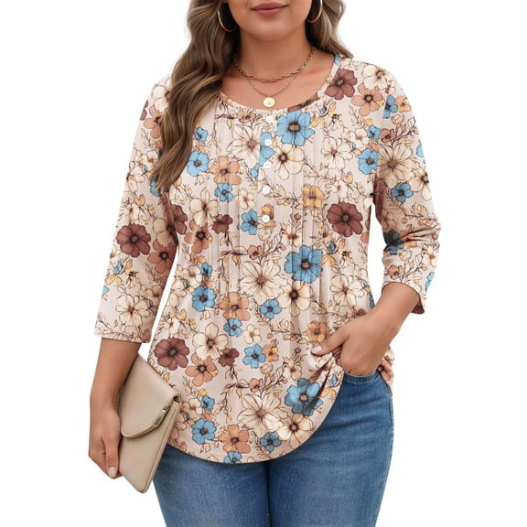 WellSize 3/4 Sleeve Plus Size Womens Blouses Casual Floral Pleats Tops Summer Crewneck Shirts Tunic Curved Hem Blouses
