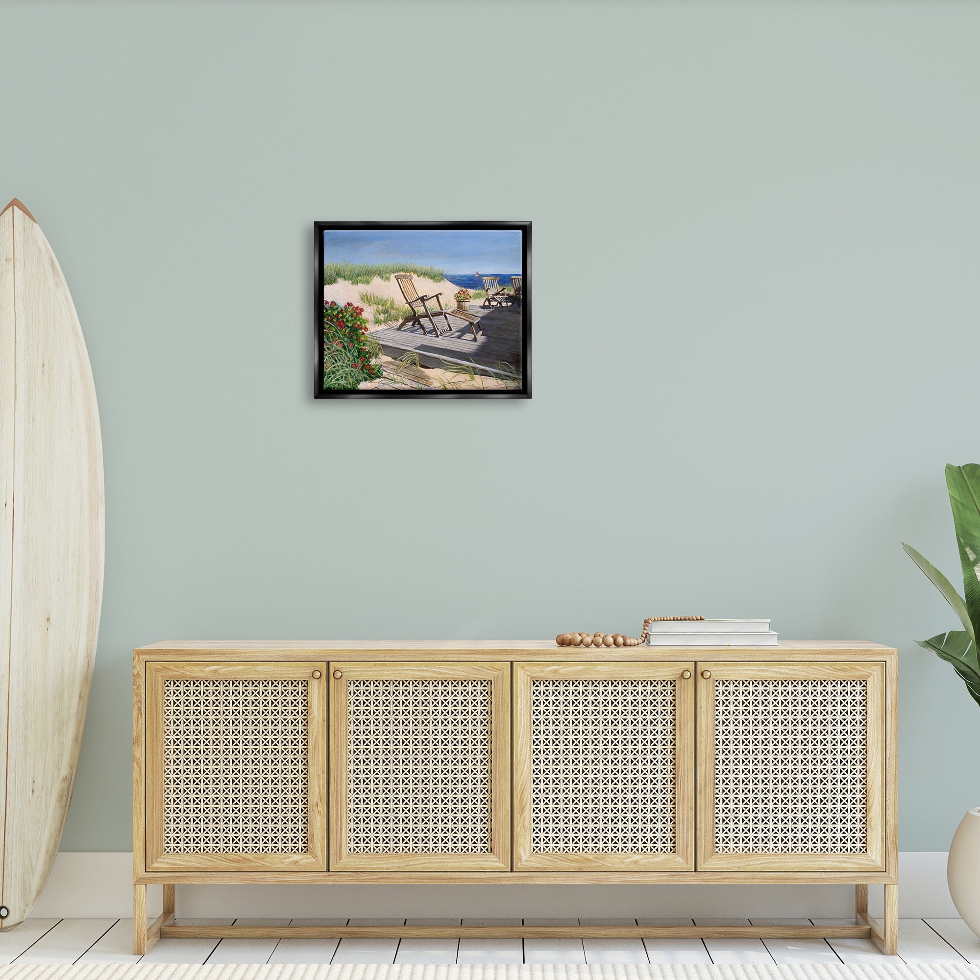 Stupell Industries Relaxing Waterfront Boardwalk Beach Chairs Summer Scene Painting Luster Gray Floating Framed Canvas Print Wall Art, Design by Tom Mielko