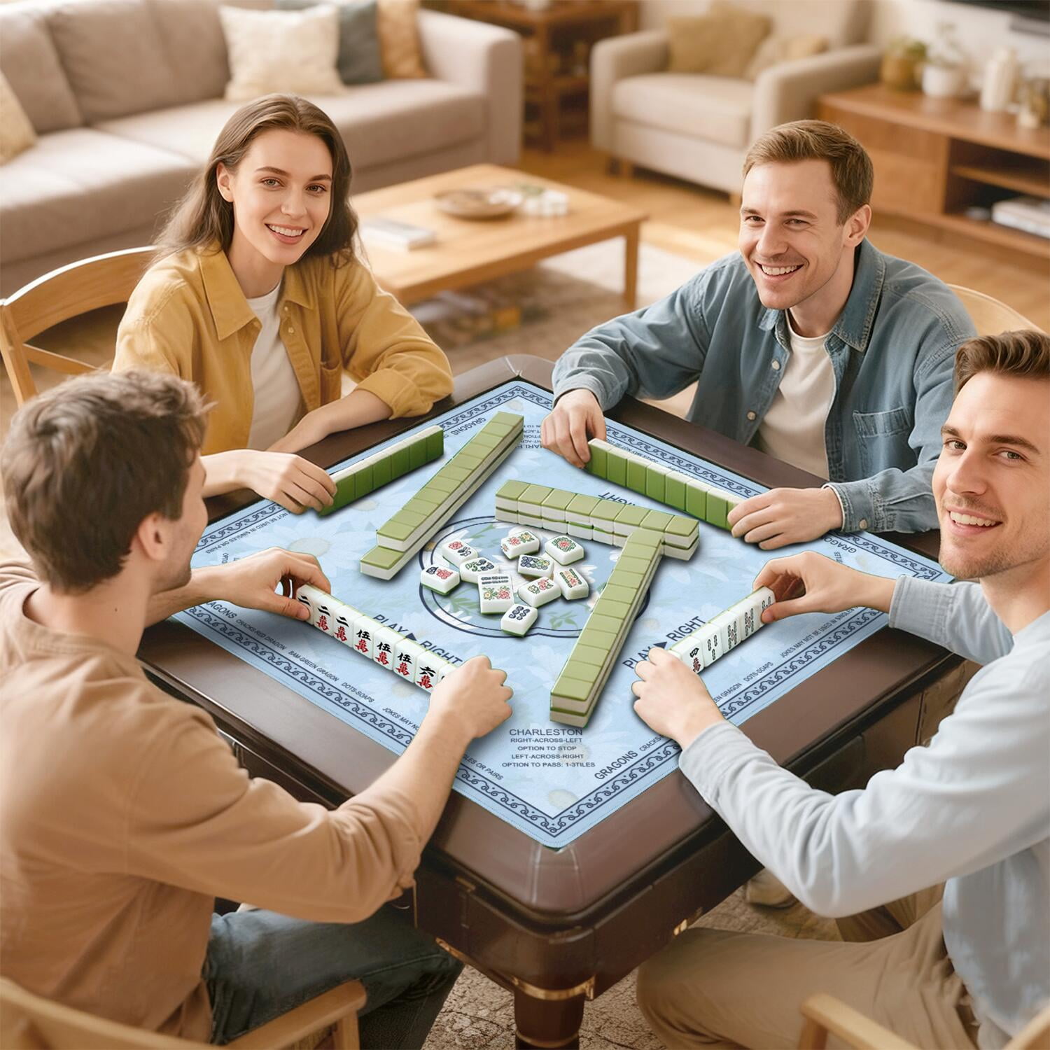 Daisy Mahjong Mat with Rules, 31.5*31.5in Anti Slip American Mahjong Mat for Table, Noise Reduction, Neoprene Mah jongg Mats with Carrying Bag & 3 Dices, Mahjong Supplies Gift, Board Tile Games Mats