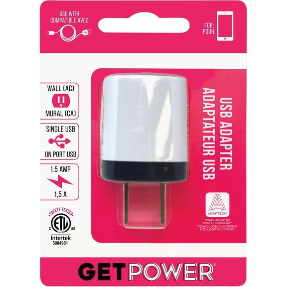 GetPower Single USB to AC White Wall Adapter Charger GP-ACETL-BLK