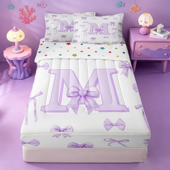 meiyoeat Ribbon Bowknot Monogrammed M Zipper Twin Comforter Sets with Fitted Sheet and 2 Pillowcases,Watercolor Coquette Letter Design Zipper Bedding Set For Girl,Reversible,4 Pieces