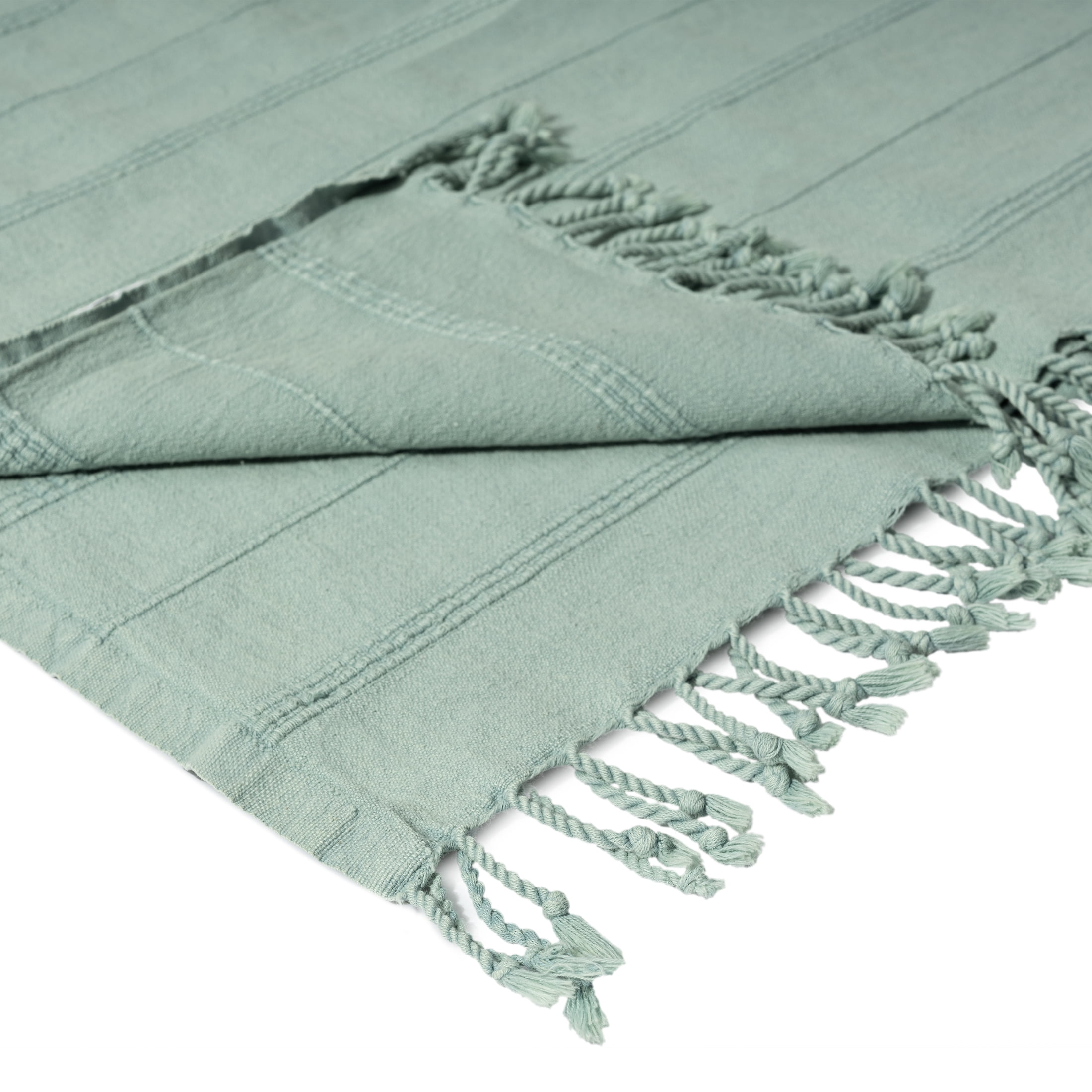 Ox Bay Sarra Aqua Green Striped Fringed Ultra-Soft Turkish Cotton Reversible Throw Blanket, 50" x 60"