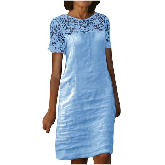 QUYUON Wedding Guest Dresses for Women Hollow Out Lace Shirt Dress Summer Round Neck Short Sleeve T-Shirt Dress Casual Loose Blouse Tunic Dresses Beach Sundress Style D-47 Blue L