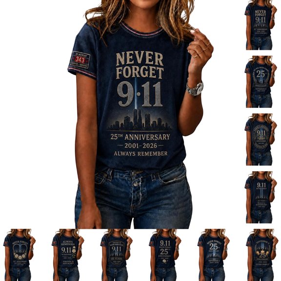 We Will Never Forget 911 Short Sleeve Tops for Women 9/11 25th Anniversary Shirt Patriotic Vintage Memorial Day Faith Tee Red S