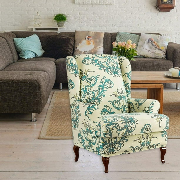 2 PCS Indoor Wing Chair Slipcovers Printing Pattern Wingback Armchair Covers Green