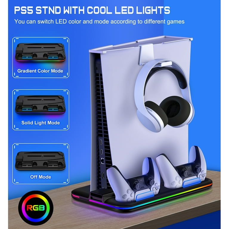 PS5 Stand Cooling Fan for 2023 PS5 Slim, DinoFire PS5 Accessories with Dual  Controller Charging Station for PS5 digital & disc verdion with 3-Speeds  Adjustable Fan,Headset Holder,RGB Lights-White 