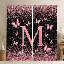 Homewish Monogrammed M Female Black Out Curtains, Cartoon Pink Kawaii Butterfly Curtains Pack of 2 (42x63 Each), Glitter Stars Diamond Bedroom Curtains, Blackout Curtains Decor
