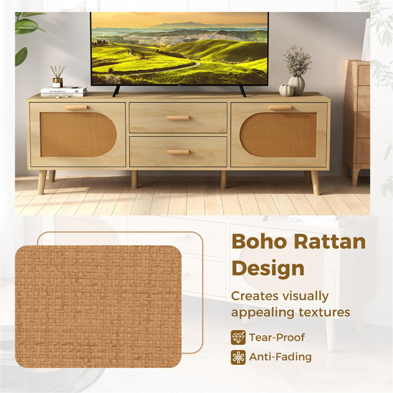 Demi Bonn Rattan TV Stand for 65" TVs, Entertainment Center with Drawers and Solid Wood Legs, Modern Media TV Console Table for Living Room Bedroom, Beige