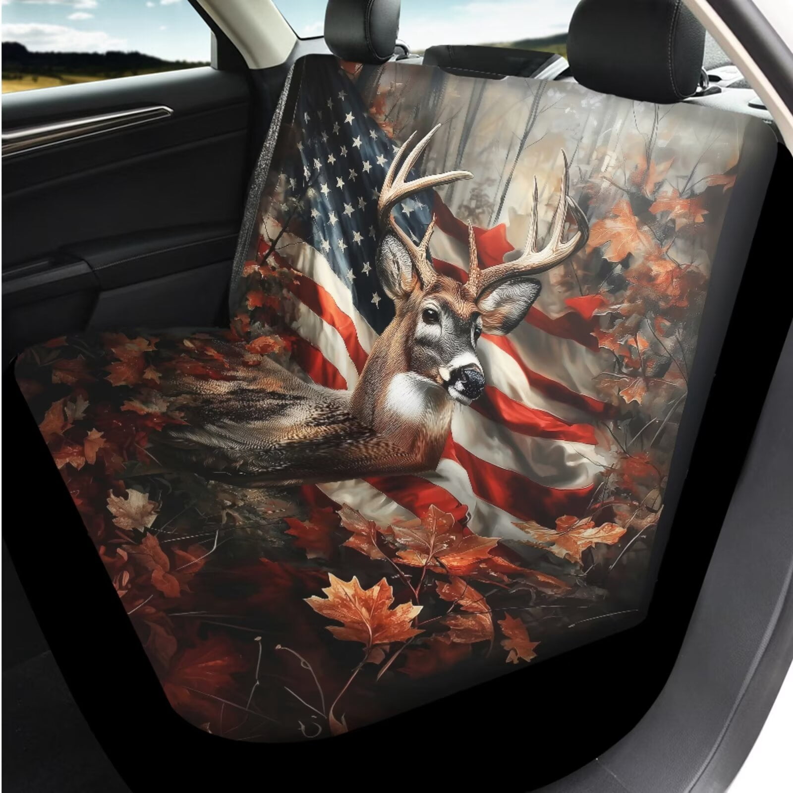 Binienty Hunting Deer Camo Automotive Seat Covers with Car Steering Wheel Cover American Flag Elastic Armrest Cushion Pad Seat Belt Cushion Pad Keychain Automotive Interior Accessories Set