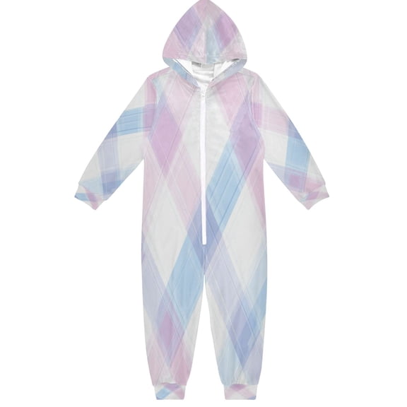 Soft Big Kids Onesie Pajamas Cozy Loose-Fit Jumpsuits for kids with Pockets for Christmas Lounge & Play Pastel Pink and Blue Plaid