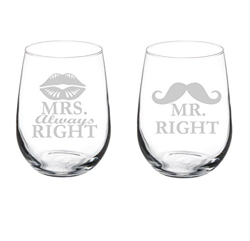 Mrs Mustache Lips 10 oz Set of 2 Wine Glasses Wedding Married Couple Mr 
