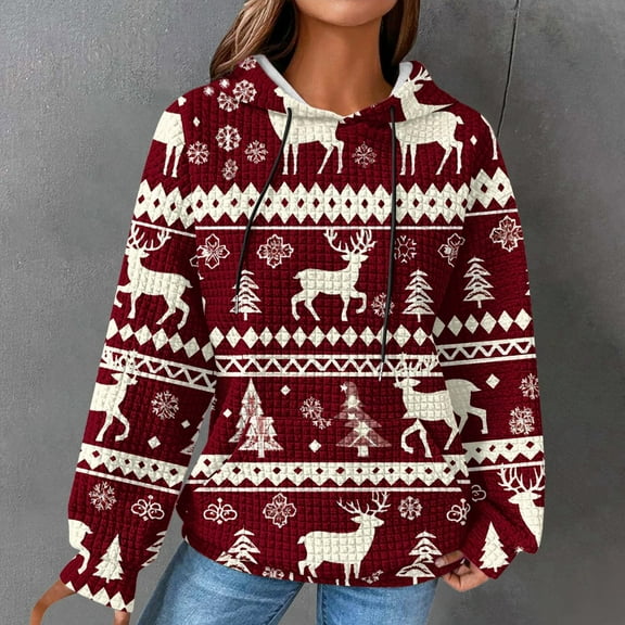 Simua Merry Christmas Hoodies for Women Print Tops Pullover Drawstring Hooded Sweatshirt with Pocket