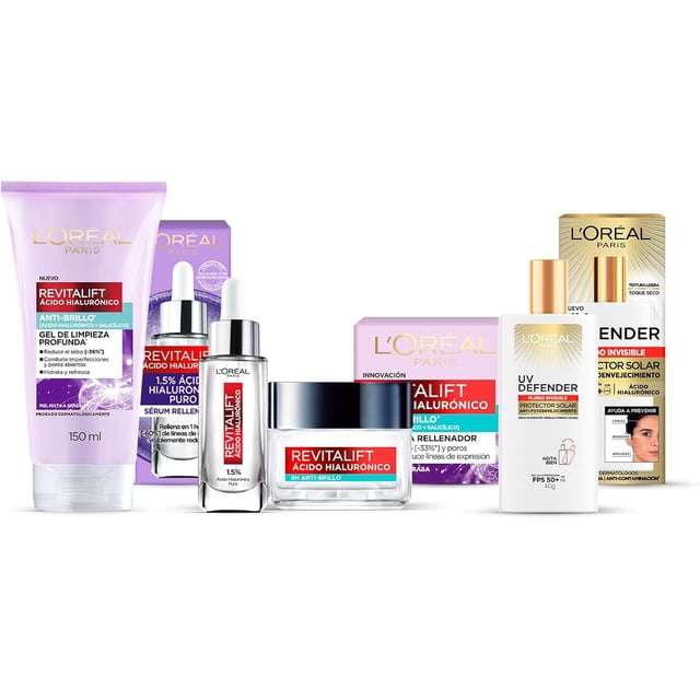 Kit L'Oreal Limpieador facial Cleanser oil + Serum Facial ácido hialurónico + Crema en Gel Revitalift ácido hialuronico + UV Fluid, protector solar sin color fps50
