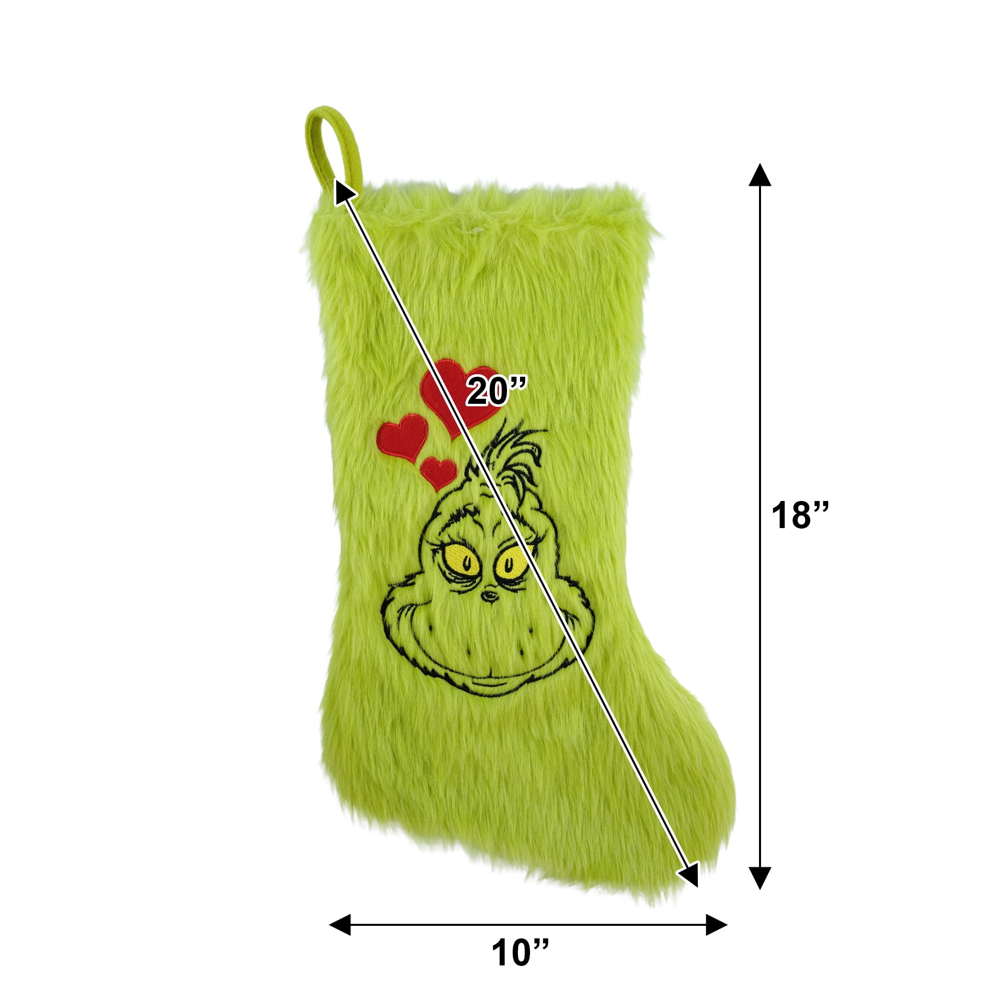 Grinch 20 Inch Furry Christmas Stocking with Heart Design - Holiday Decor