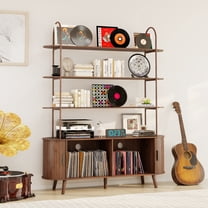 Tall Large Mid Century Modern Bookshelf with with Sliding Tambour Doors, 4-Tier Open Display Storage Shelf, Vinyl Record Player Stand for Home Office, Living Room, Walnut