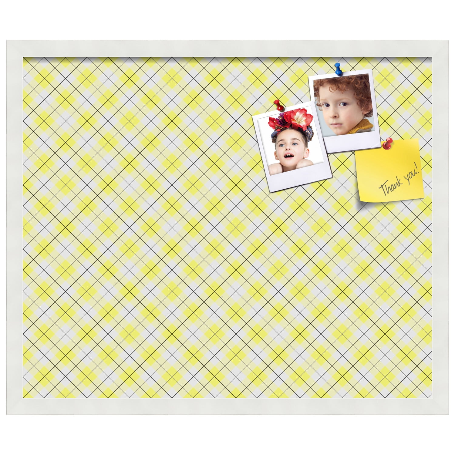 PinPix ArtToFrames 22x18 Custom Cork Bulletin Board Argyle Bright Yellow   Poster Board Has a Fabric Style Canvas Finish, Framed in Satin White Frame (PinPix-647)