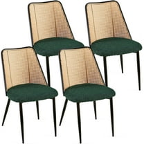 NORDICANA Rattan Dining Chairs Upholstered Set of 4, Green Boucle Kitchen Living Room Chairs with Curved Backrest