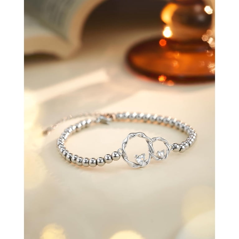 Silver Interlocking Circles Bracelet - Adjustable 6.2-8.2 Inch, Cubic Zirconia Heart, Gift For Mom Daughter Sister 6 thumbnail image