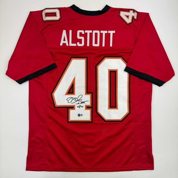 Autographed/Signed Mike Alstott Tampa Bay Red Football Jersey Beckett BAS COA