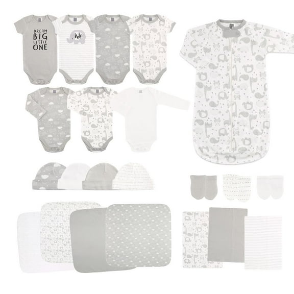 The Peanutshell Newborn Baby Layette Gift Set for Boys and Girls, Shower Gift Essentials, Grey Sleepy Elephants