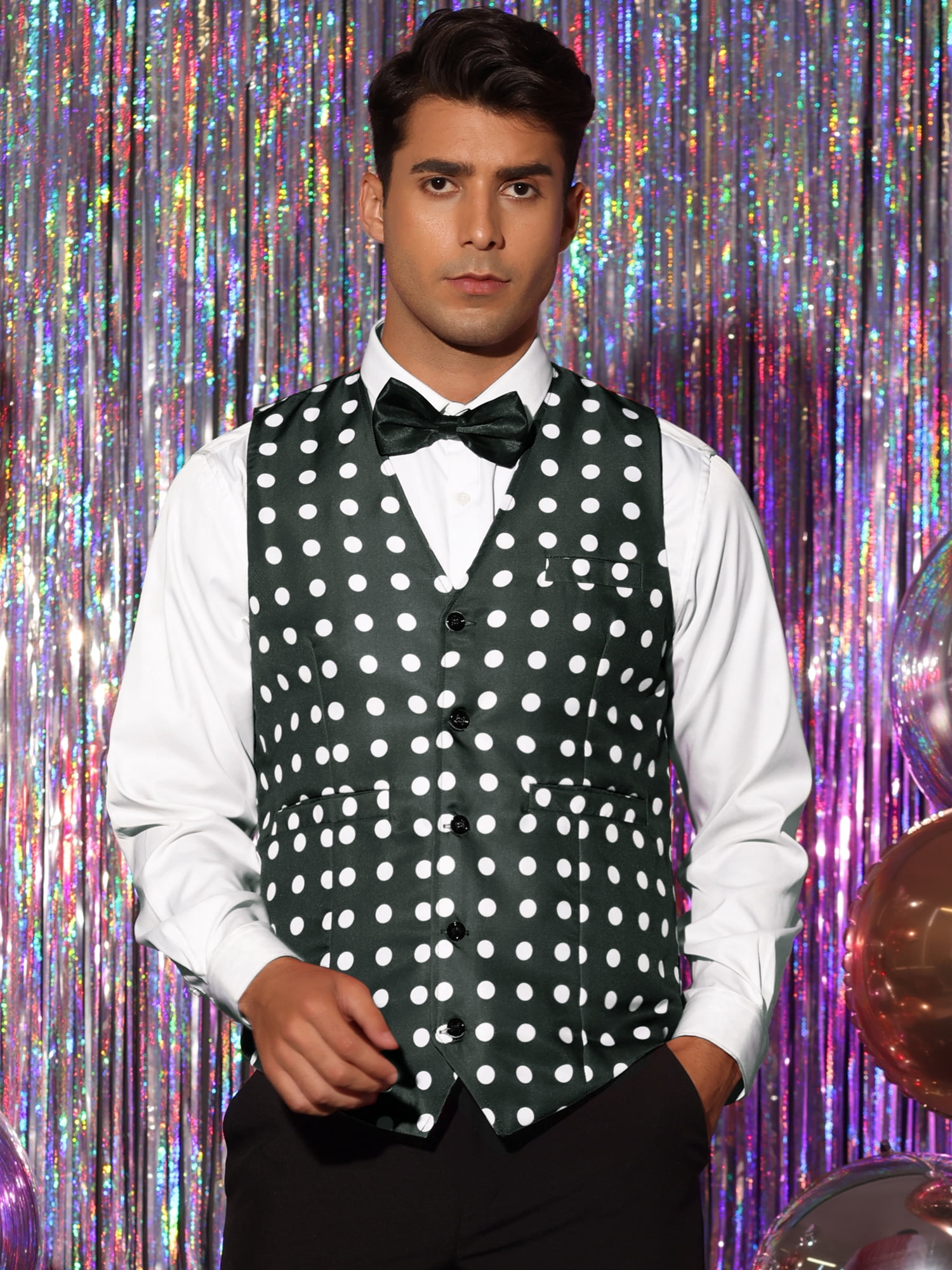 Unique Bargains Men's Dress Slim V-Neck Sleeveless Polka Dots Pattern Waistcoat Vest S Black