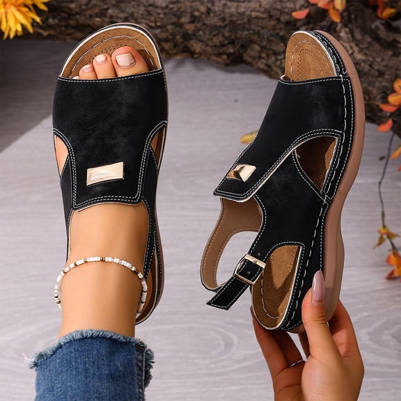 Black Womens T-Strap Wedge Sandals Comfortable Arch Support PU Faux Leather Low Heel Casual Dressy Ankle Strap Buckle,Size 41