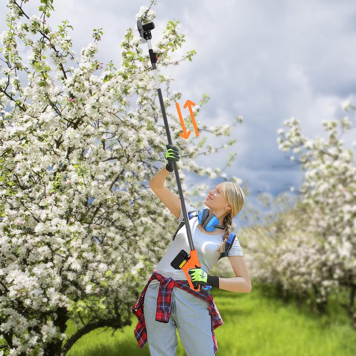 Cordless Pole Saw, Adjustable Electric Pole Saws for Tree Trimming, Battery Powered Pole Hedge Trimmer with 2 Blades & Lithium Battery for Orchards, Farms, Botanical Gardens