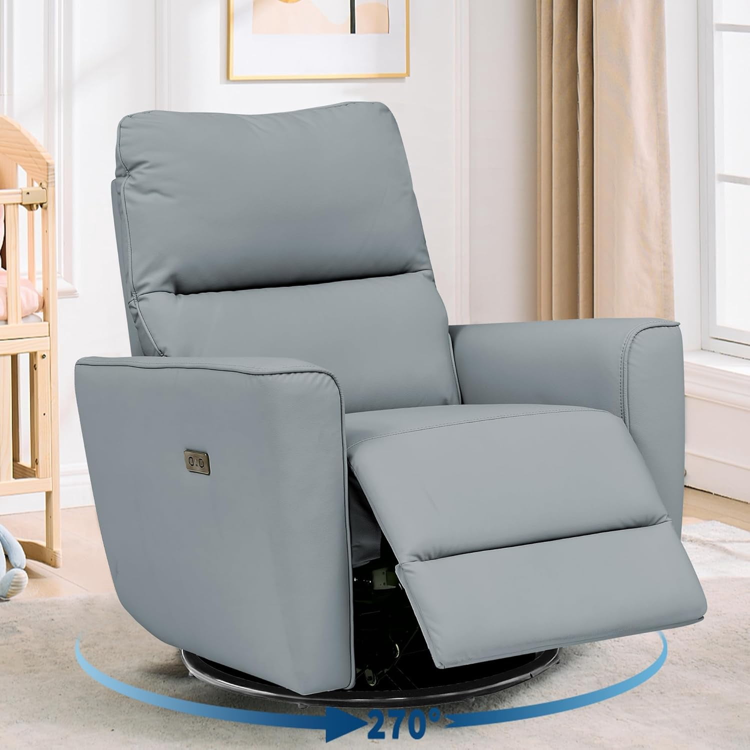 Power Recliner Chair 270° Swivel Rocking Glider with USB Port PU Leather Upholstered Nursery Chair with Adjustable Backrest for Living Room Office Home Theater and Nursery