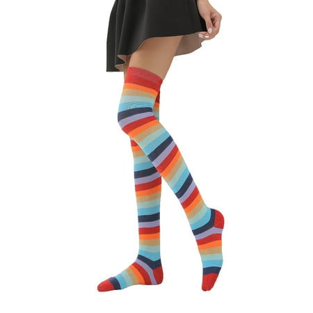 

Dido Pack of 2 Striped Plus Size Thigh High Socks Breathability Unique Flexible Fad Appearance Non Slip Hose Sock Boots Stockings navy rainbow
