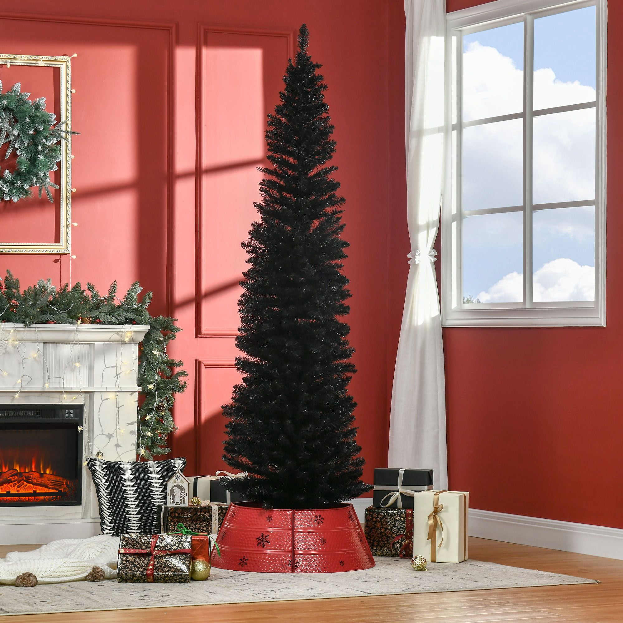 7 ft Artificial Pencil Christmas Tree, Slim Unlit Xmas Tree with 499 Branch Tips and Plastic Stand for Small Rooms and Apartments