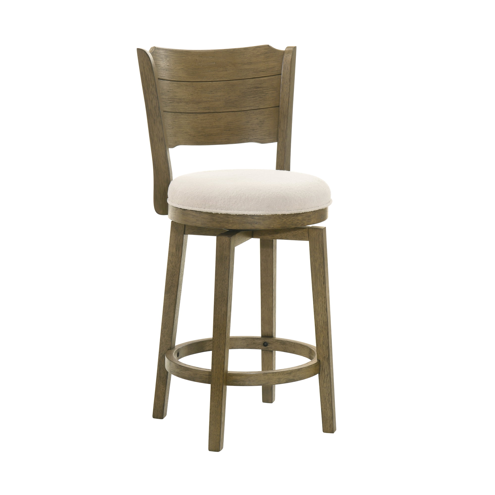 Winsley Coastal Modern Swivel Wood Counter Height Kitchen Bar Stool in Putty Brown Finish with White Boucle Fabric Upholstered Seat