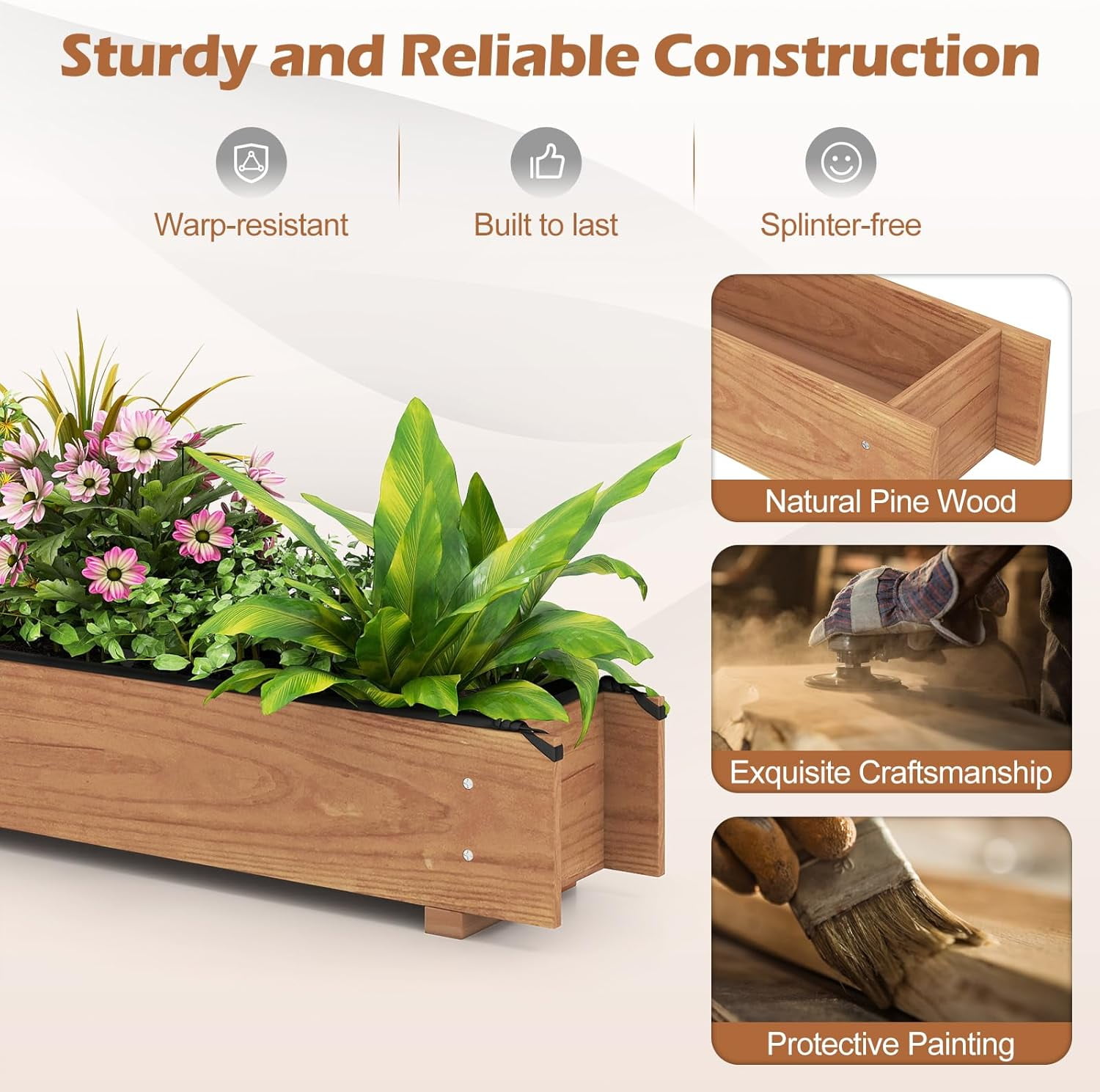 LUDYSHARE Raised Garden Bed, 36" x 7" x 6.5" Wood Rectangle Planter Box with Drainage Holes, Water-Resistant Paint, Decorative Window Box, Outdoor Garden Bed for Fruit Vegetable Flower Herb, Orange