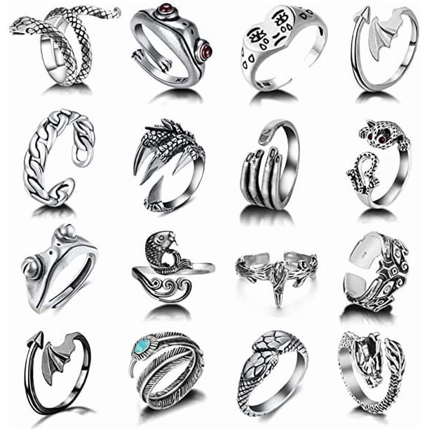 Juego de 16 anillos góticos punk de plata para hombres y mujeres, con diseño de rana, serpiente, mariposa, araña, ojo de animal, ajustable, estilo gótico, apilables.