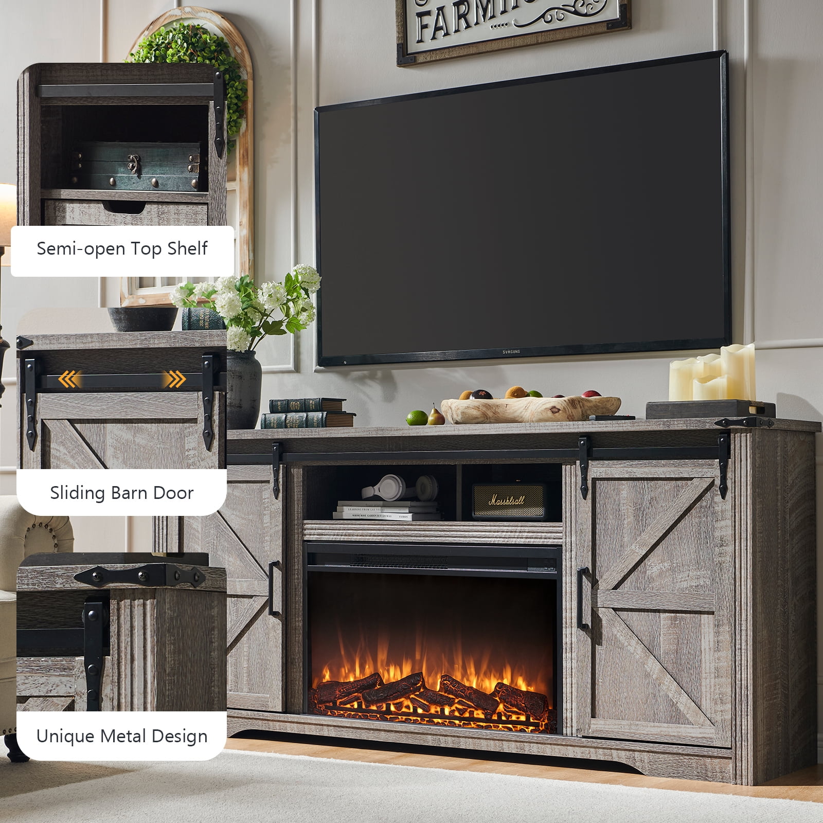 T4TREAM Farmhouse TV Stand for TVs up to 80", Entertainment Center with 30" Electric Fireplace and Sliding Barn Door&4 Drawers Storage Inside,Light Rustic Oak