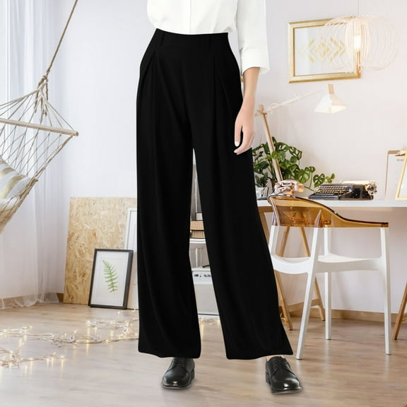 UQJfacai Dress Pants Women Wide Leg Pull On Stretchy Work Pants High Waisted Pleated Flowy Business Casual Trousers with Pockets