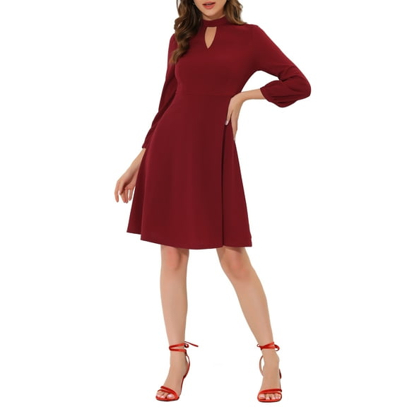 INSPIRE CHIC Women's A-Line Knit Keyhole Mock Neck Long Sleeve Midi Dress XS Wine Red