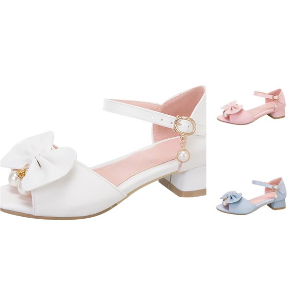 Krdevn Ankle Strap Mixed Toe Heel Dress Sandals with Bow Pearl Adjustable Buckle Wedding Party Summer Shoes (Big Girls),11.5-12 Years