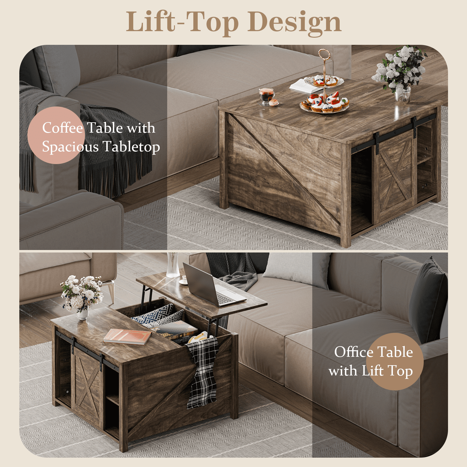 Waleaf Wooden Convertible Coffee Table, Lift Top Coffee Table with Large Hidden Storage Shelf for Living Room