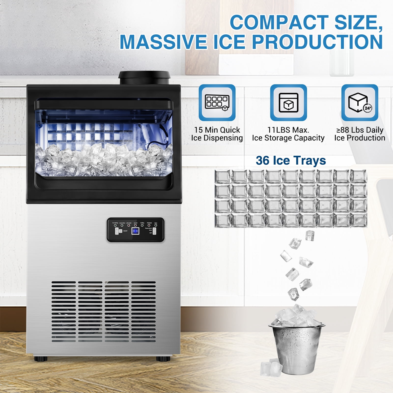 RSTLL 88lbs/24H Commercial Ice Maker Machine,Under Counter,with 15 lbs Storage Capacity,4x9 Cubed Ice,Freestanding Ice Maker for Home